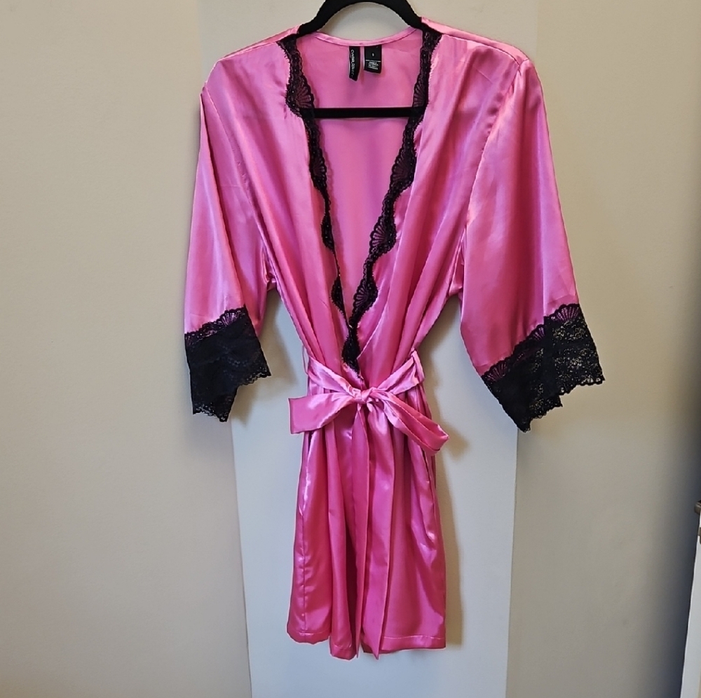 Cynthia Rowley Pink Satin Robe with Black Lace Accents